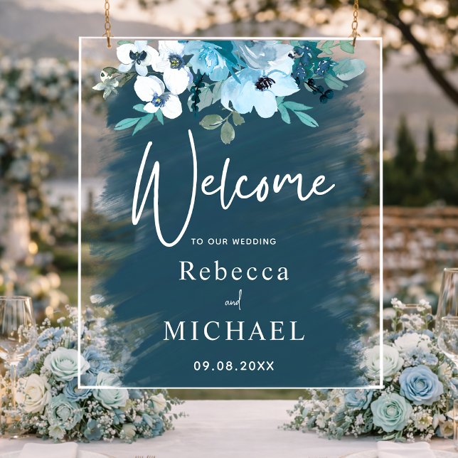 Modern white dusty blue floral wedding welcome  acrylic sign (Creator Uploaded)