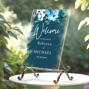 Modern white dusty blue floral wedding welcome  acrylic sign