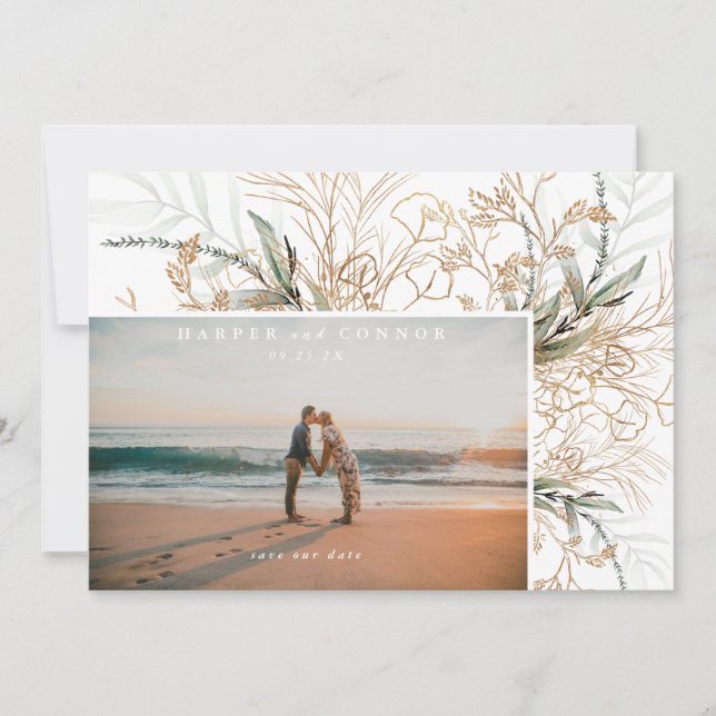 Modern White Elegant Boho Sage Eucalyptus Photo Save The Date (Front)