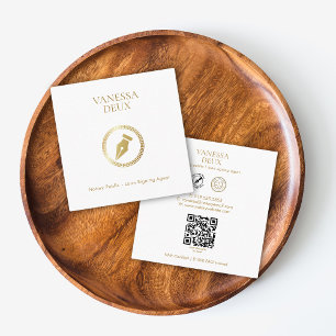 Modern White Elegant Gold Pen Icon QR Code Notary Square Business Card
