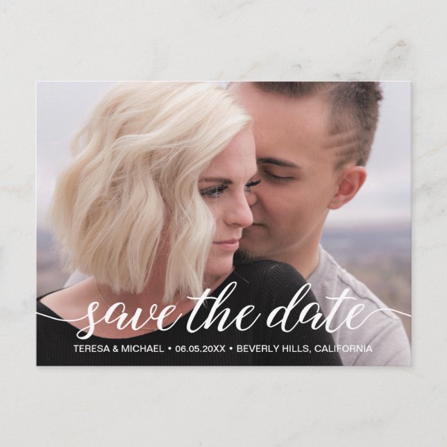 Modern white Elegant Script Save the Date Photo Postcard (Front)