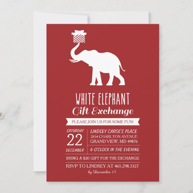 Modern White Elephant Gift Exchange Invitation (Front)