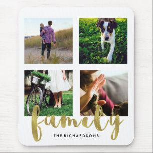Modern White Family Photo Grid with Faux Gold Foil Mouse Mat