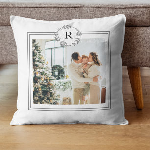 Modern White Family Photo Initial Cushion