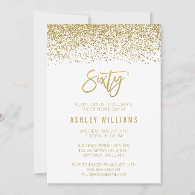 Modern White Faux Gold Glitter 60th Birthday Invitation (Front)