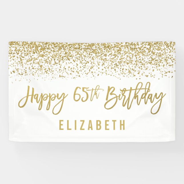 Modern White Faux Gold Glitter 65th Birthday Banner (Horizontal)