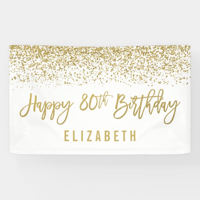 Modern White Faux Gold Glitter 80th Birthday Banner (Horizontal)