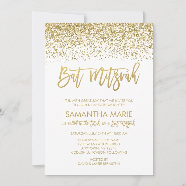 Modern White Faux Gold Glitter Bat Mitzvah Invitation (Front)
