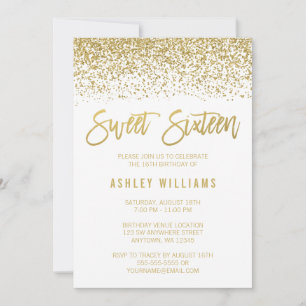 Modern White Faux Gold Glitter Sweet 16 Birthday Invitation