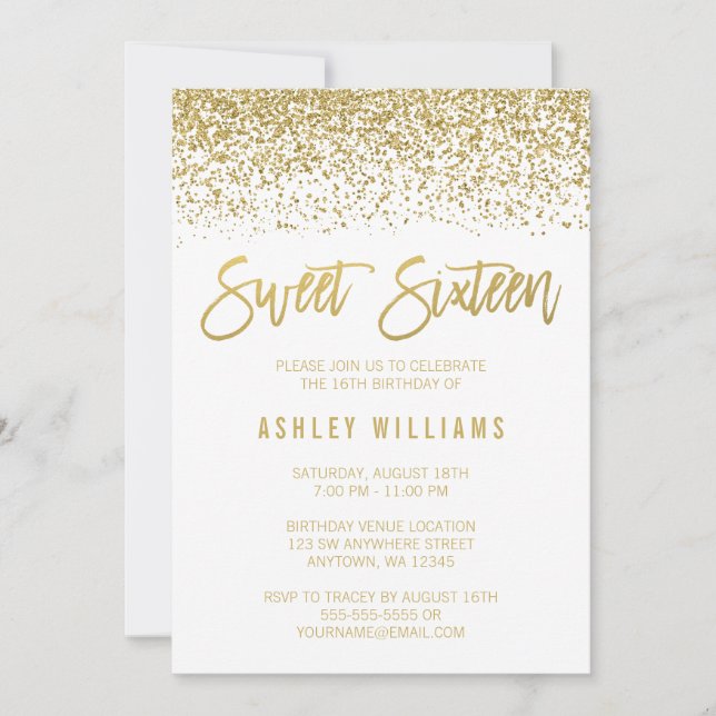 Modern White Faux Gold Glitter Sweet 16 Birthday Invitation (Front)