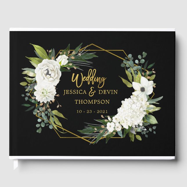 Modern White Floral Black Gold Frame Wedding Guest Book (Front)