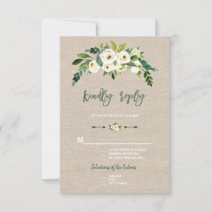 Modern White Floral Burlap Handwriting RSVP Card