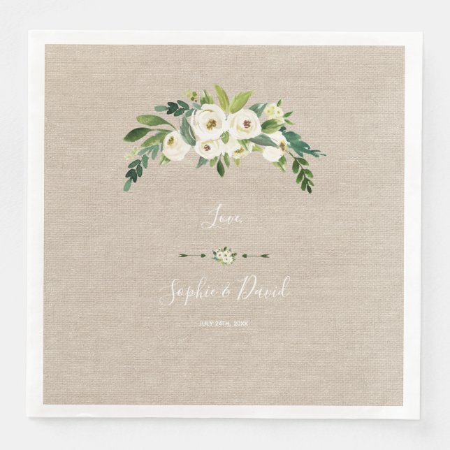 Modern White Floral Burlap Handwriting Wedding Napkin (Front)