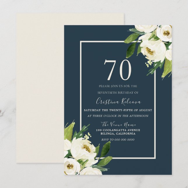 Modern White Floral Elegant Greenery 70th Birthday Invitation (Front/Back)