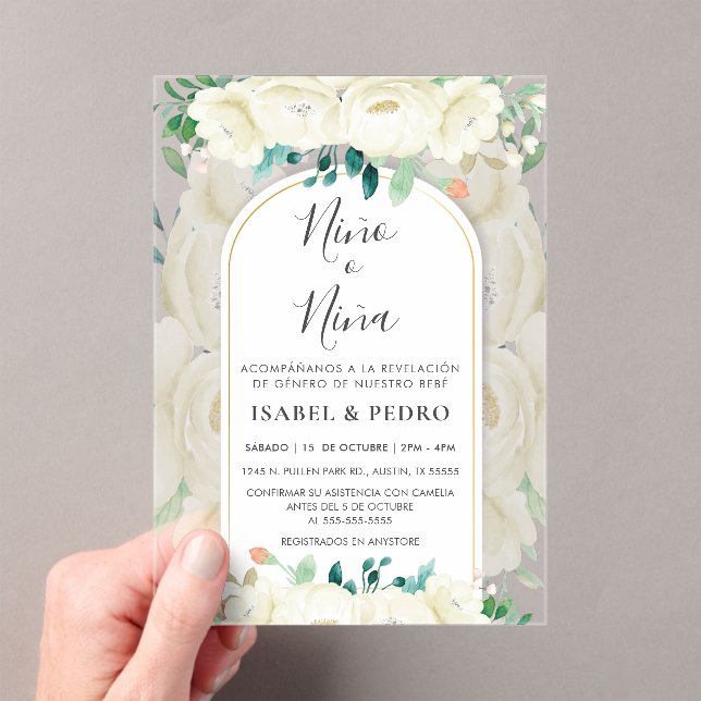 Modern White Floral Garden Spanish Gender Reveal Acrylic Invitations (Insitu (Handheld))