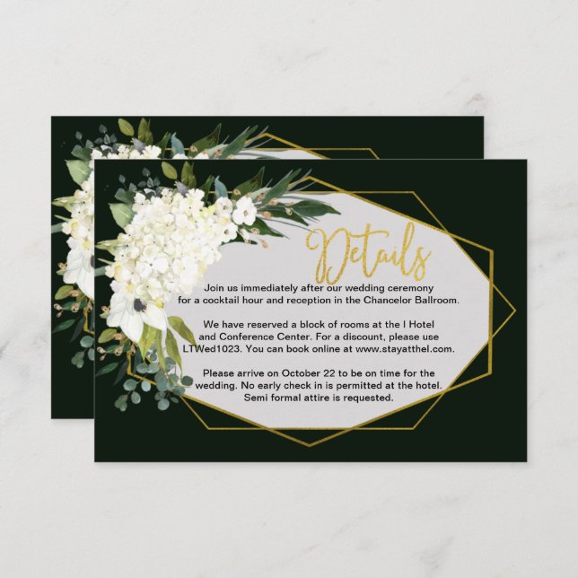 Modern White Floral Gold Geometric Black Details   Enclosure Card (Front/Back)