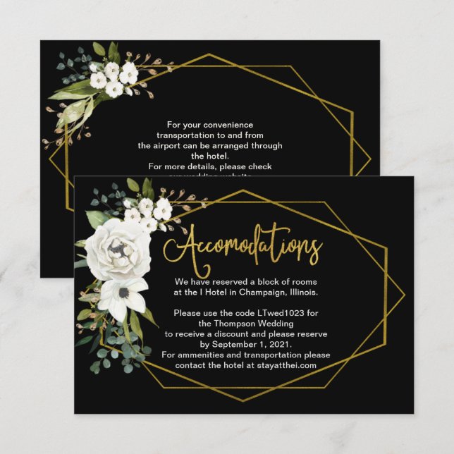 Modern White Floral Gold Wedding Accomodations  Enclosure Card (Front/Back)