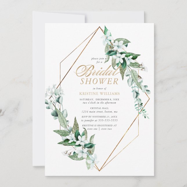 Modern White Floral Greenery Gold Bridal Shower Invitation (Front)