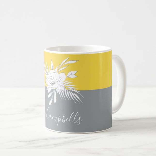 Modern White Floral on Colorblock Personalised Coffee Mug (Front Right)