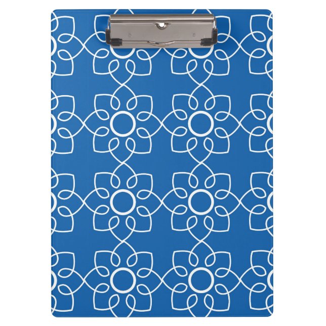 Modern White Floral Pattern On Blue Clipboard (Front)