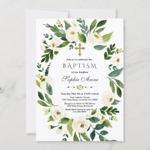 Modern White Floral Peonies Wreath Baptism Invitation