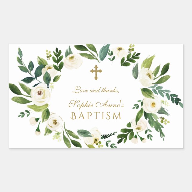 Modern White Floral Peonies Wreath Baptism Rectangular Sticker (Front)