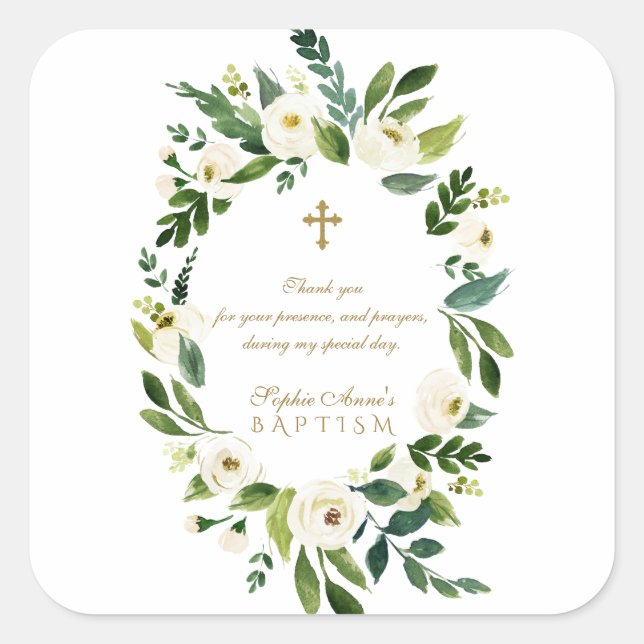 Modern White Floral Peonies Wreath Baptism Square Sticker (Front)