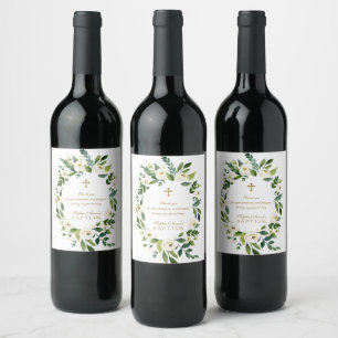 Modern White Floral Peonies Wreath Baptism Wine Label