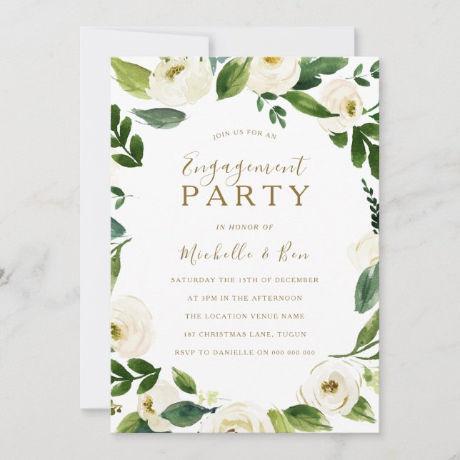 Modern White Floral Wreath Engagement Party Invitation (Front)