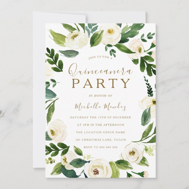Modern White Floral Wreath Quinceanera Party Invitation (Front)