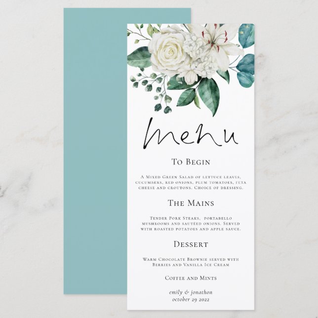 Modern White Florals Eucalyptus Wedding Menu (Front/Back)