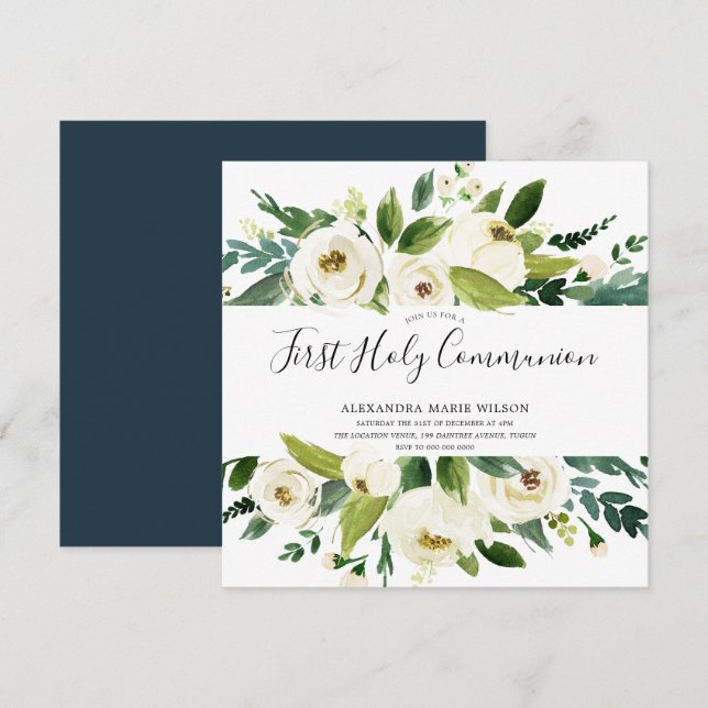 Modern White Florals Green First Holy Communion Invitation (Front/Back)