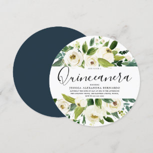 Modern White Florals Green Leaf Quinceanera Party Invitation