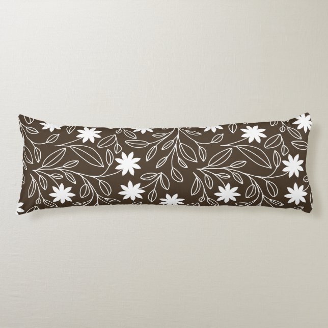 Modern White Flower Leaf Mocha Brown  Body Cushion (Front)