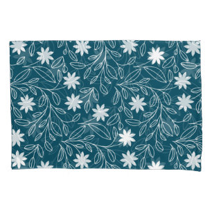 Modern White Flower Leaf Teal Blue Pillowcase