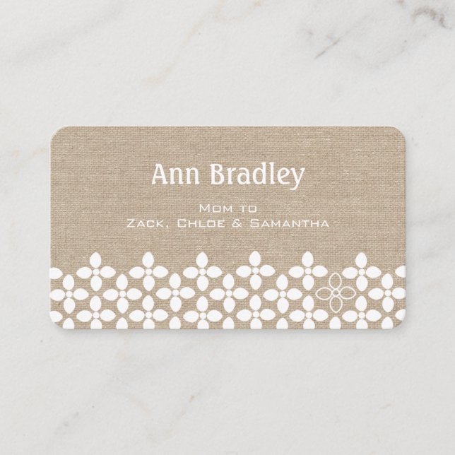 Modern White Flower Mummy Faux Linen Business Card (Front)