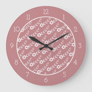 Modern white flower pattern dusty rose border large clock