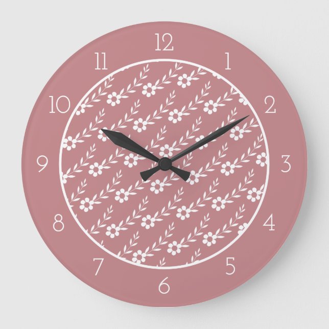 Modern white flower pattern dusty rose border large clock (Front)