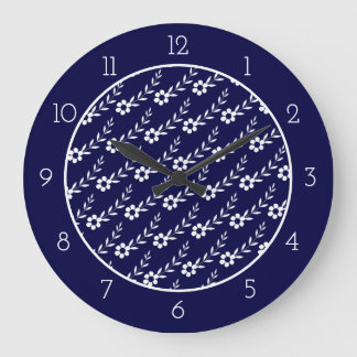 Modern white flower pattern navy blue border large clock