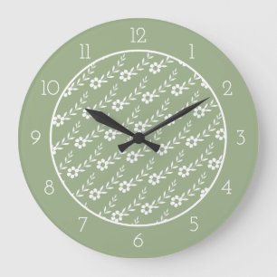 Modern white flower pattern sage green border large clock