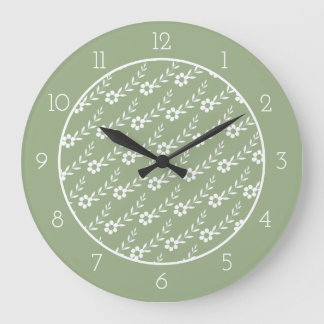 Modern white flower pattern sage green border large clock