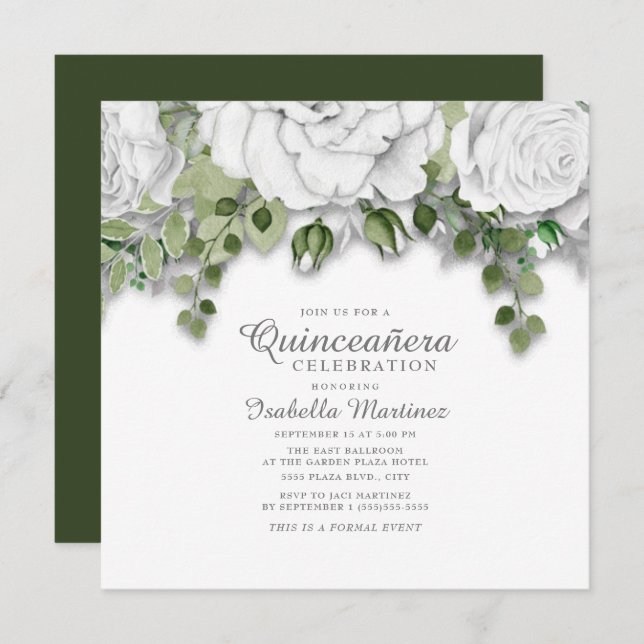 Modern White Flowers Green Leaves Quinceañera Invitation (Front/Back)