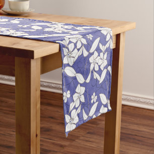 Modern white flowers on a periwinkle  medium table runner