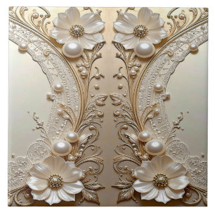 Modern White Flowers Pearls Ceramic Tile