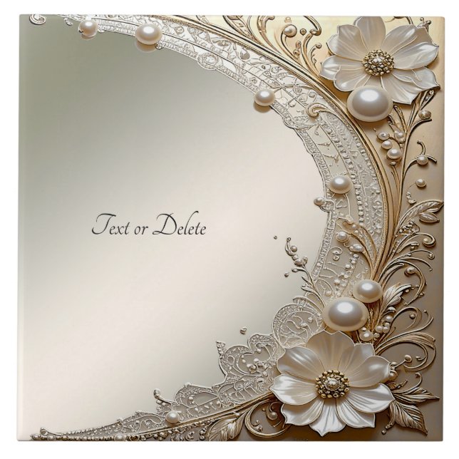 Modern White Flowers Pearls Ceramic Tile (Front)