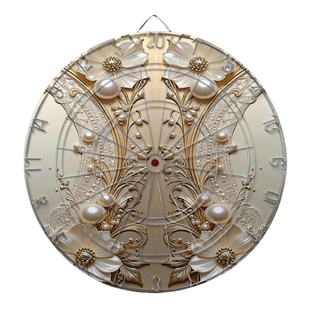 Modern White Flowers Pearls Dartboard (Front)