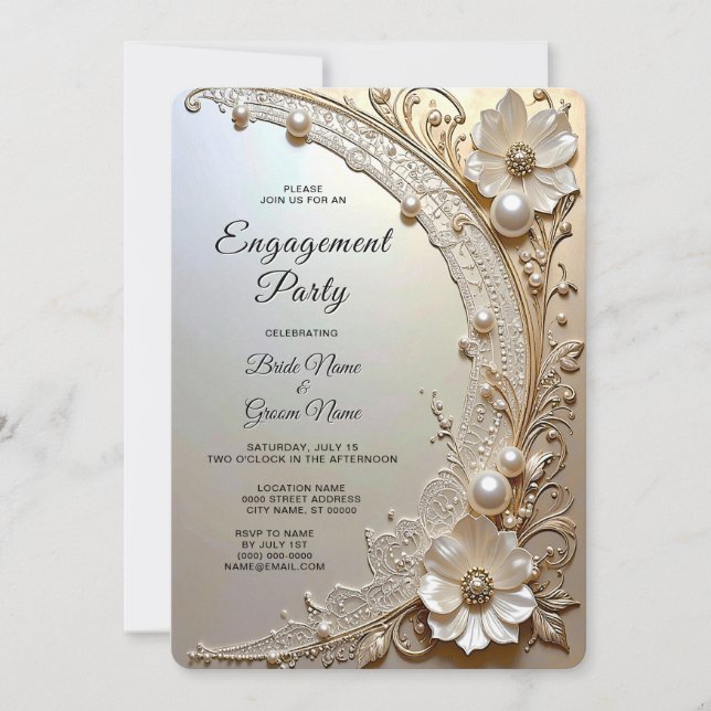 Modern White Flowers Pearls Engagement Invitation (Front)