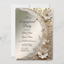 Modern White Flowers Pearls Engagement Invitation