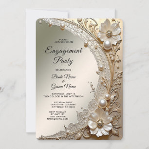 Modern White Flowers Pearls Engagement Invitation