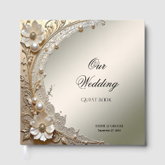 Modern White Flowers Pearls Guest Book